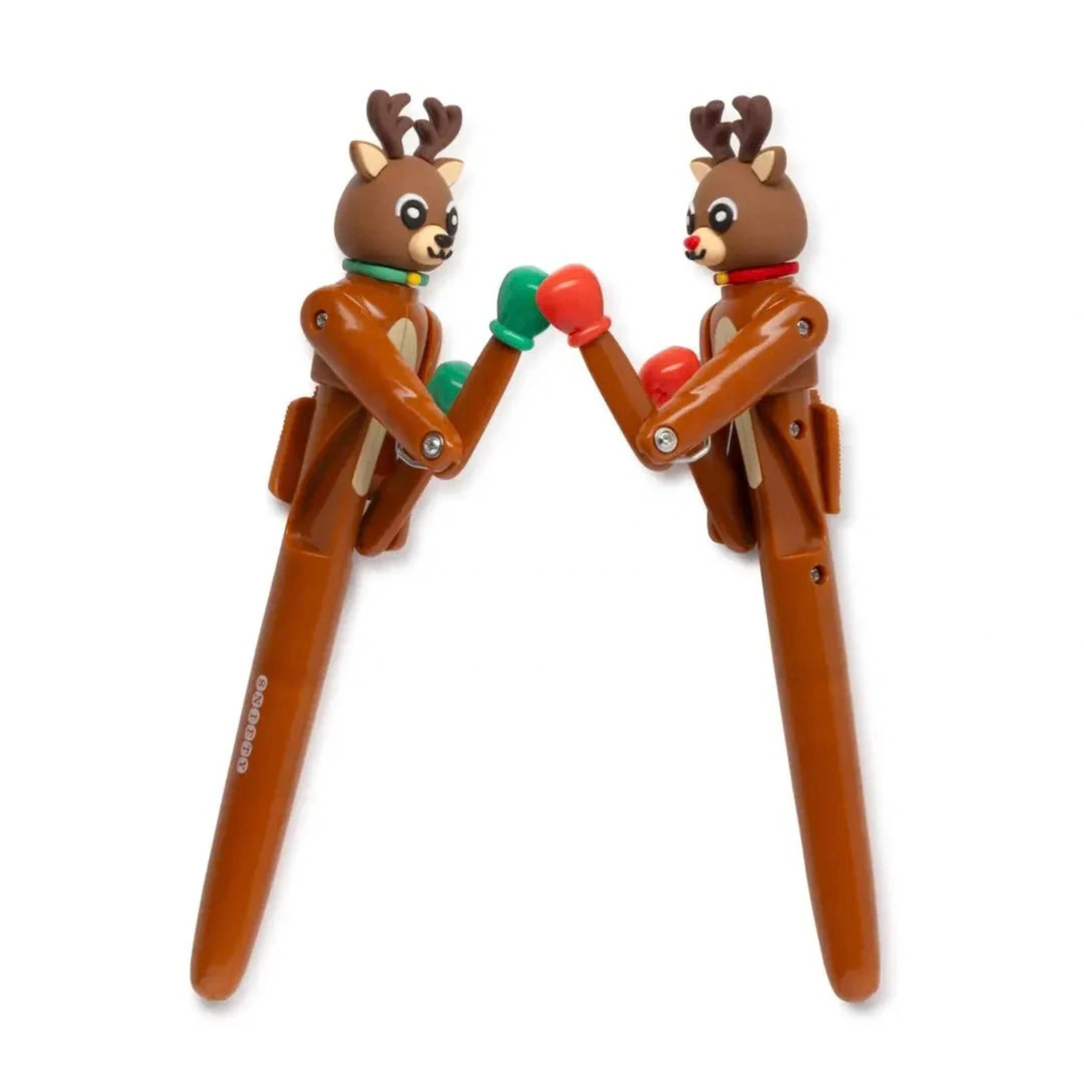 Two reindeer-shaped pens holding hands on a white background