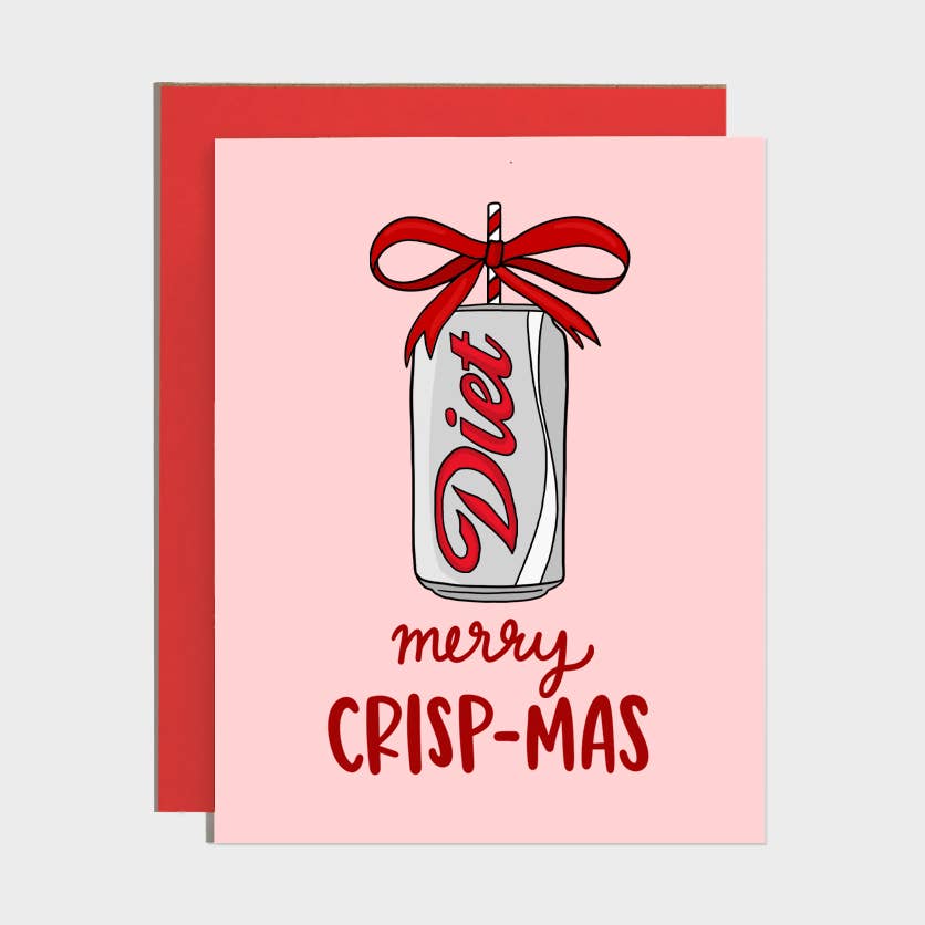 A pink greeting card with a red envelope behind it, featuring an illustration of a Diet soda can tied with a red bow and the text &