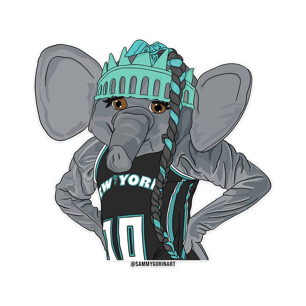 Cartoon elephant wearing a teal beanie and New York-themed outfit on a white background