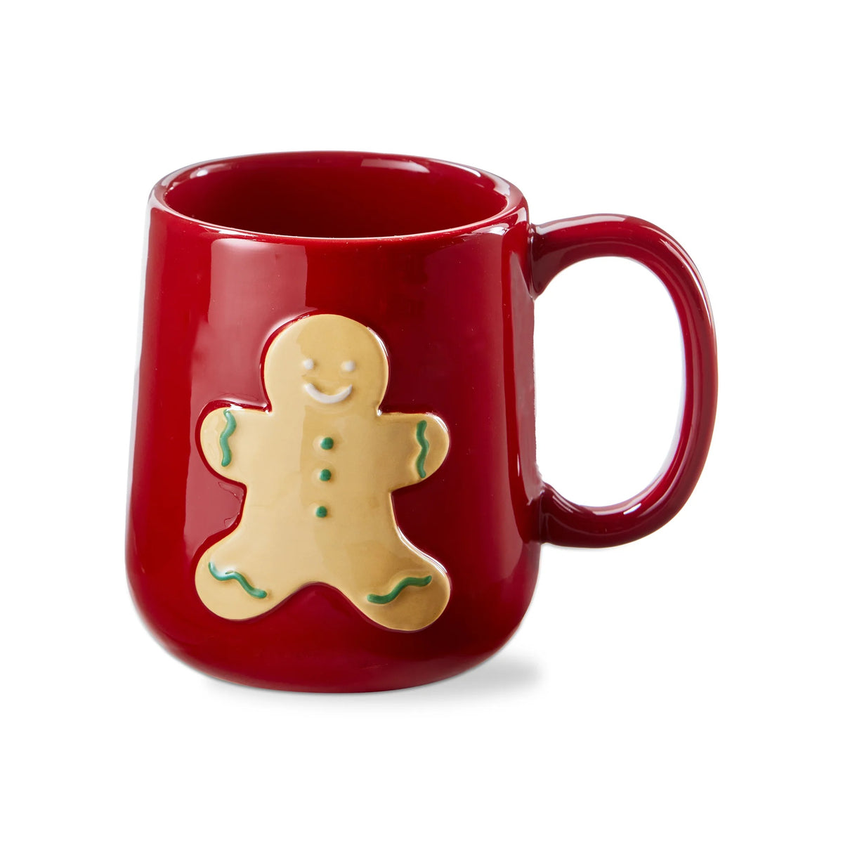 Red mug with a gingerbread man design on a white background