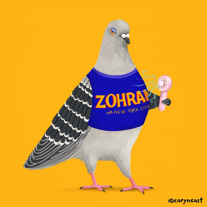 A stylized illustration of a pigeon standing on a solid yellow background, wearing a blue T-shirt with the text &