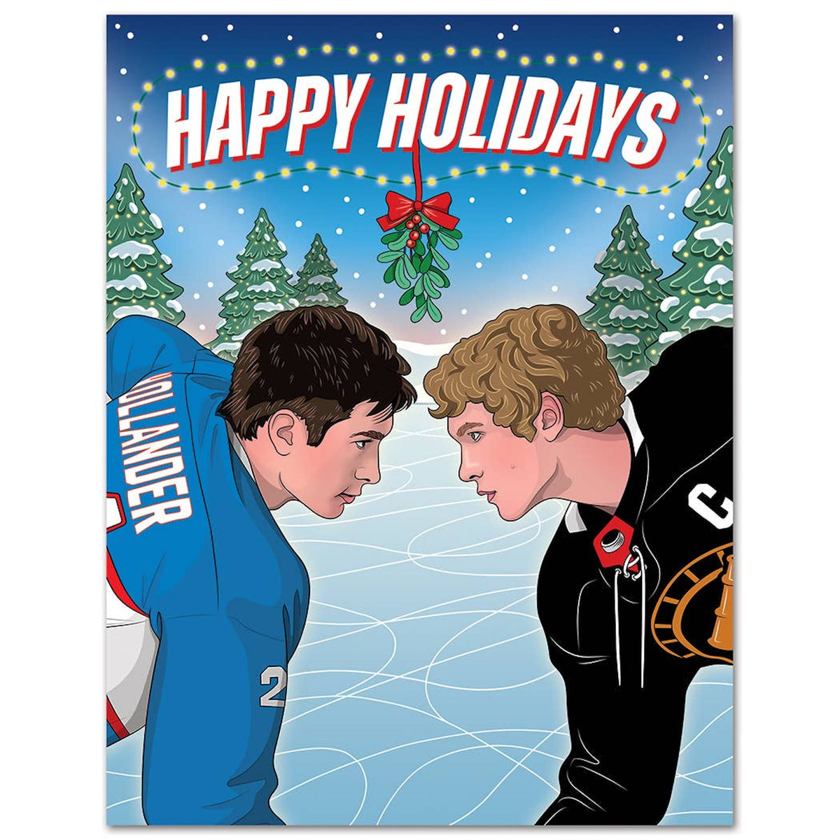Illustration of two hockey players facing each other with a 'Happy Holidays' text and winter scene background.