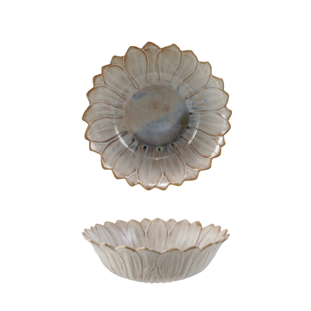 Stoneware Flower Shaped Bowl, White &amp; Blue