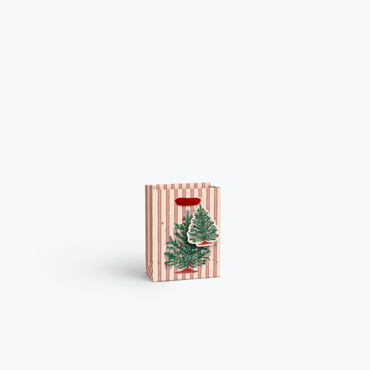 A small gift bag with a red and white striped pattern, featuring an illustration of two green Christmas trees on the front.