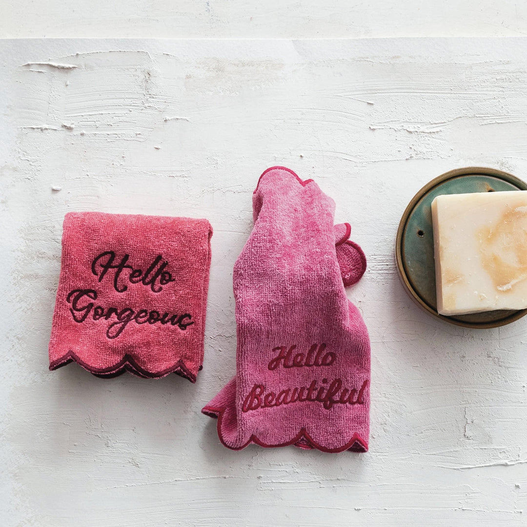 Terry Wash Cloths w/ Embroidered Saying &amp; Scalloped Edge