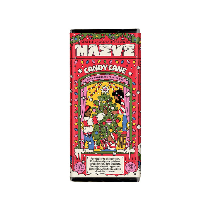 A tall rectangular chocolate bar package with a bright red holiday-themed design and the brand name MAZEVE at the top. The front illustration shows a decorated Christmas tree, gifts, lights, and people in a festive scene.