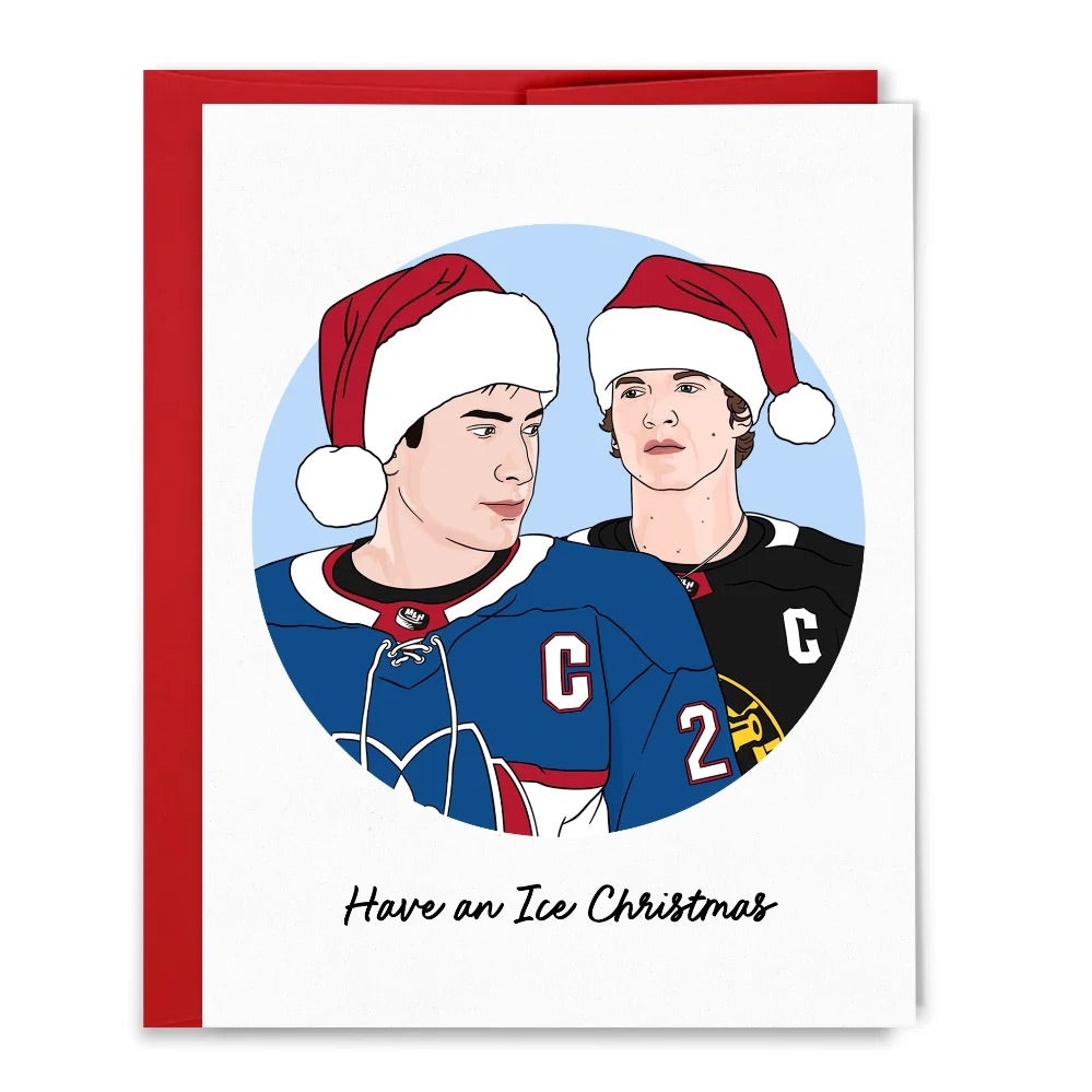 Holiday card with two hockey players wearing Santa hats and the text 'Have an Ice Christmas'.