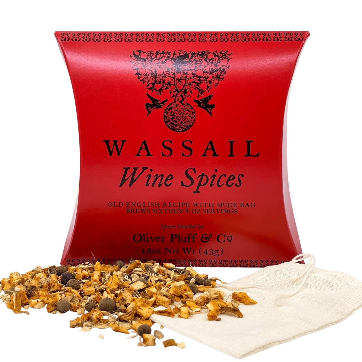 Wassail Wine Spices by Oliver Pluff & Co. in a red pouch, shown with loose dried spices and a white muslin bag on a white background.