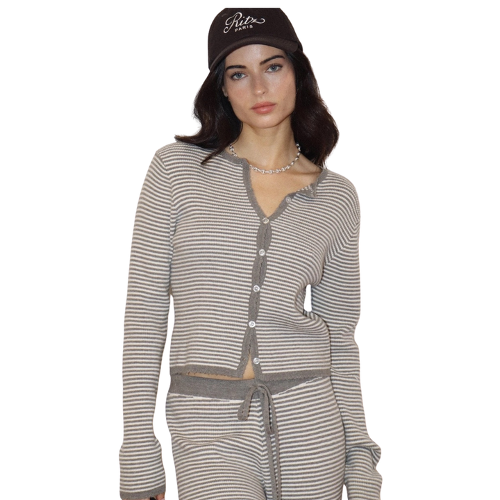 Striped Ruffle Trim Button Top