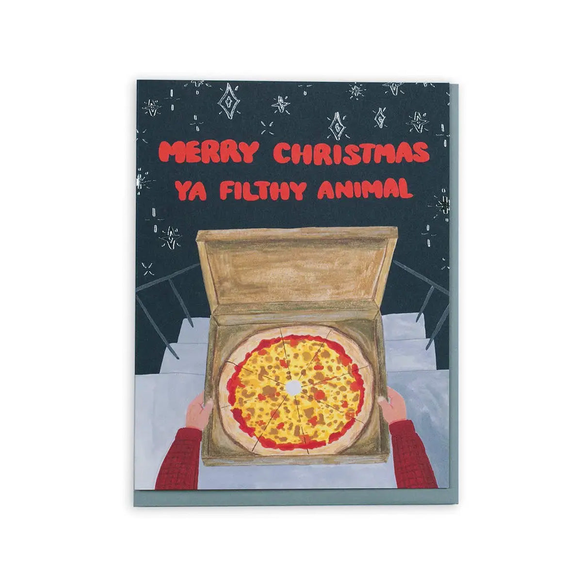 A Christmas greeting card featuring a humorous illustration of a pizza box with the text 'MERRY CHRISTMAS YA FILTHY ANIMAL' in red. The card is shown against a plain white background.