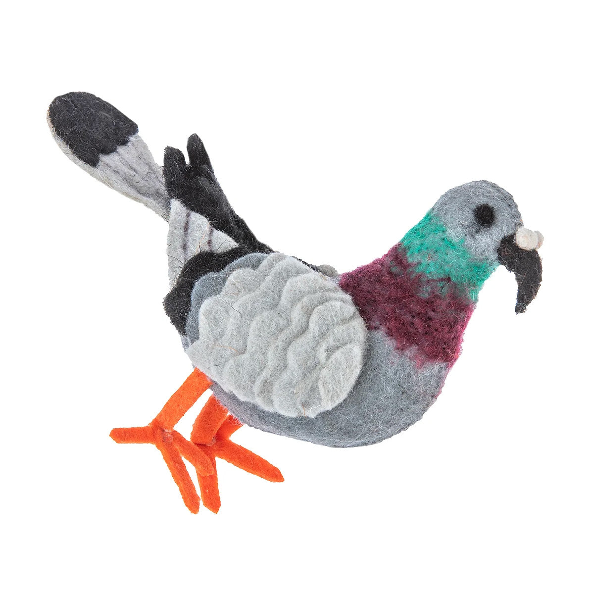Plush toy pigeon with gray, black, and orange colors on a white background