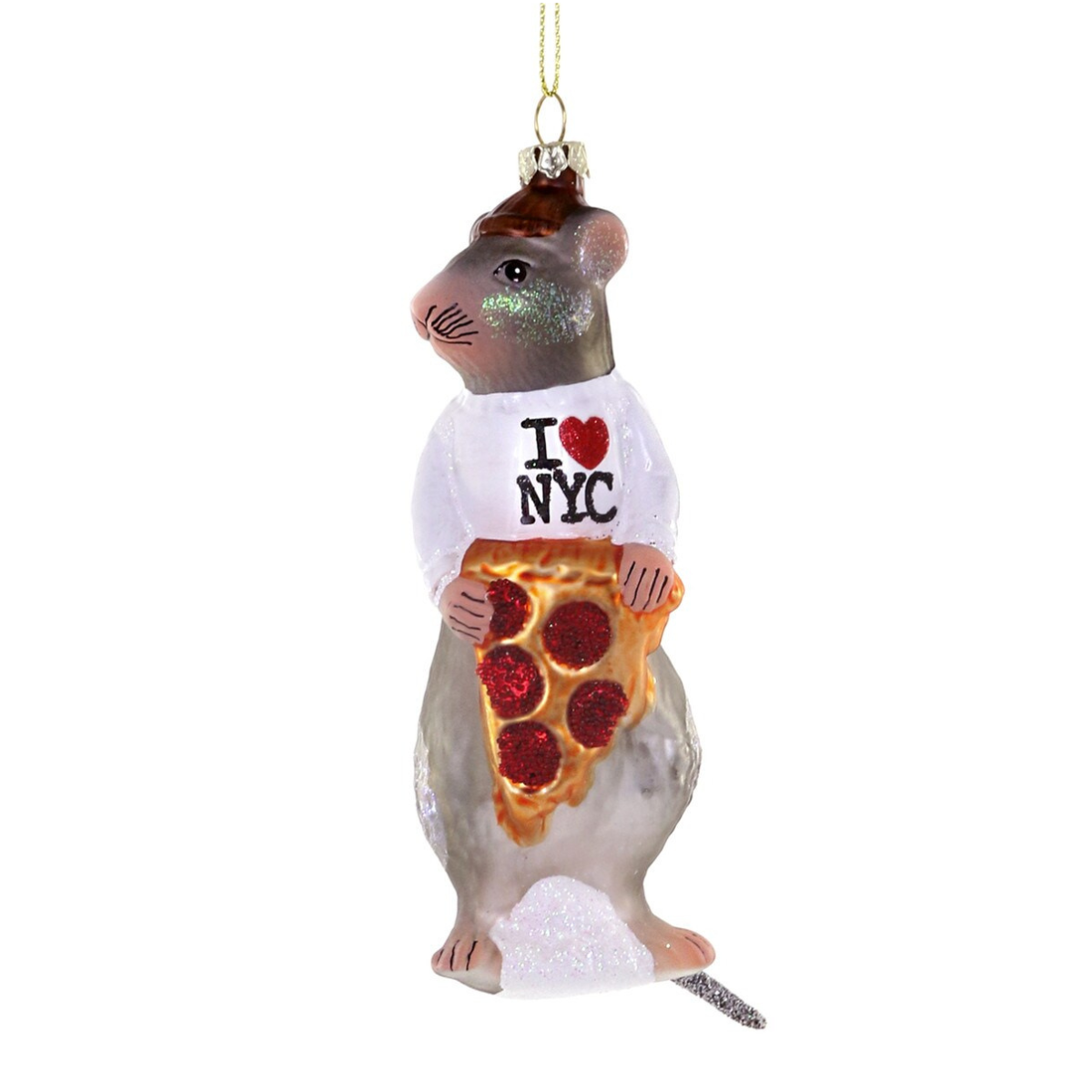Glass ornament of a rat holding a slice of pizza with 'I ❤️ NYC' text on a white background