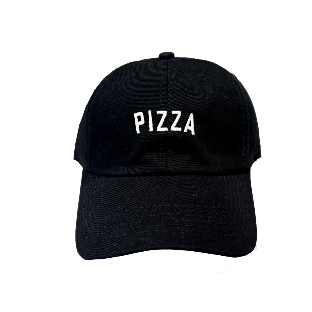 A black hat with white embroidered lettering that reads "Pizza."