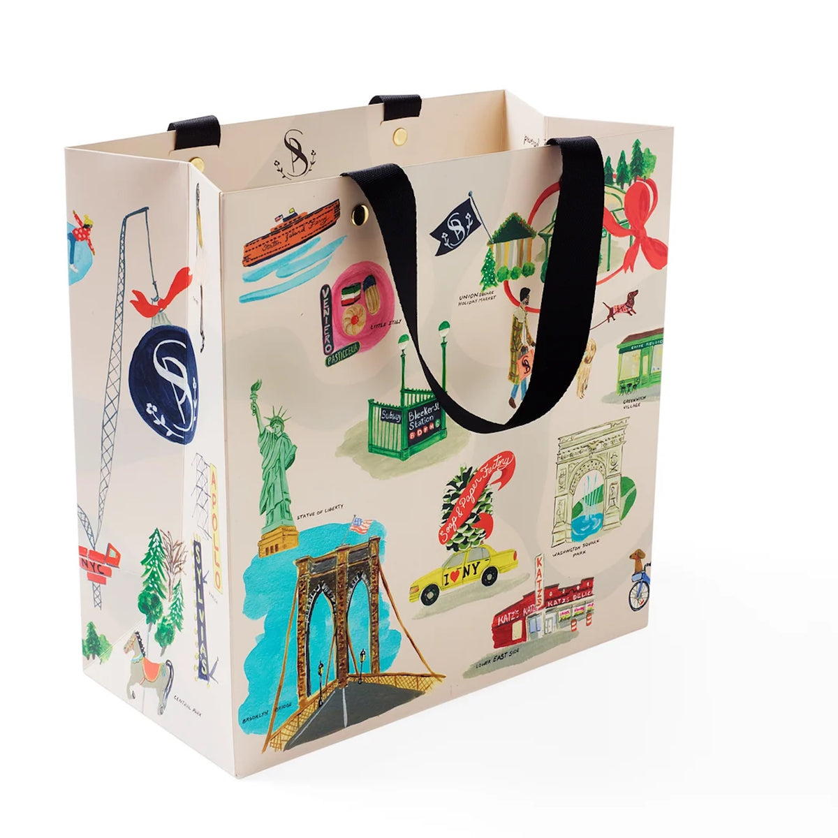 Beige gift bag with colorful New York-themed illustrations on a white background