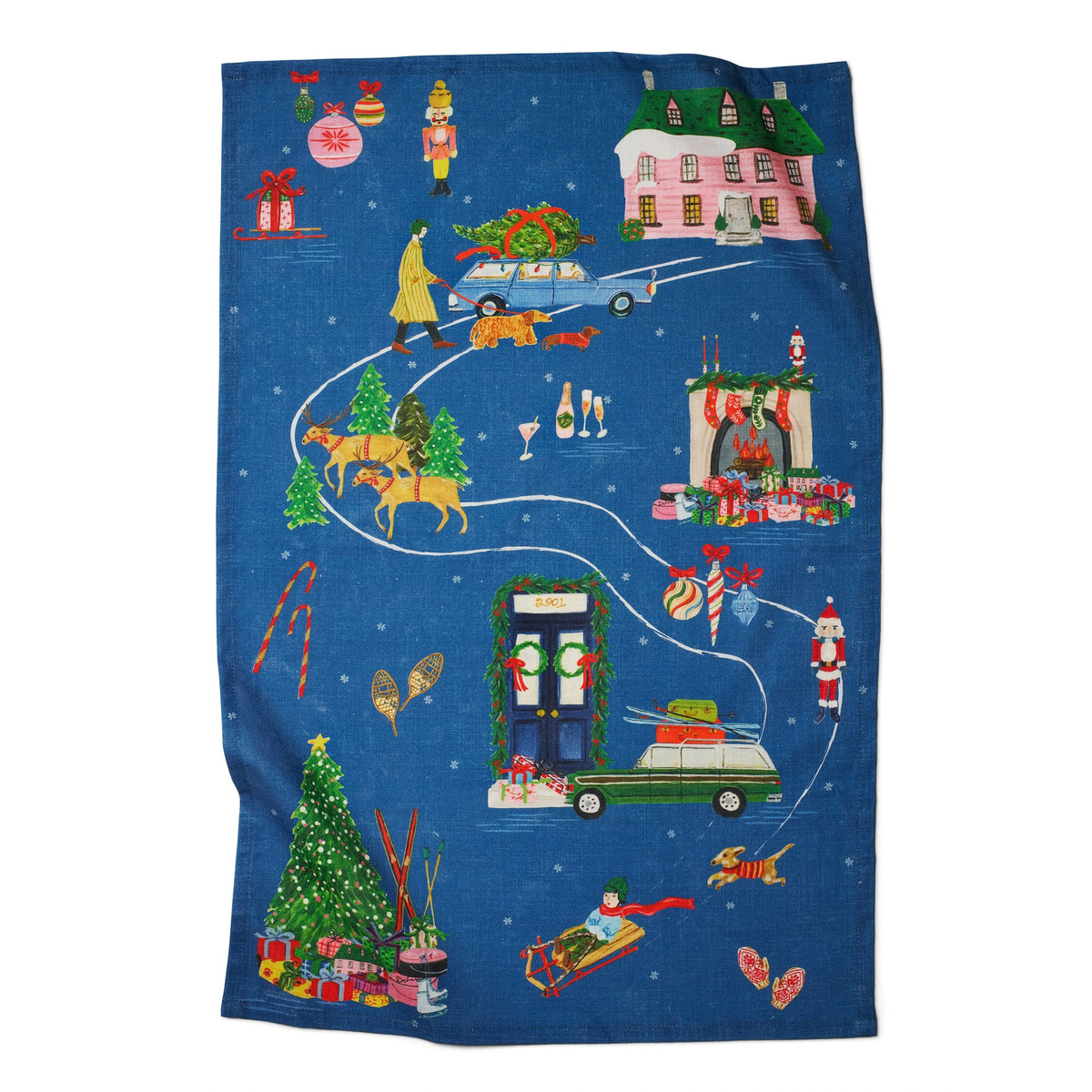 Decorative towel with Christmas-themed design on a blue background