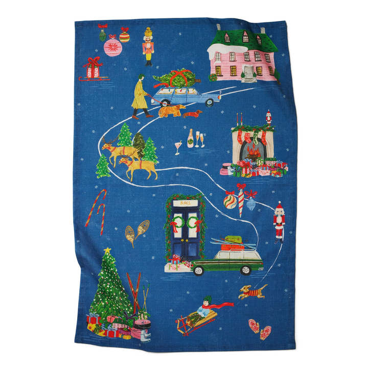 Decorative towel with Christmas-themed design on a blue background