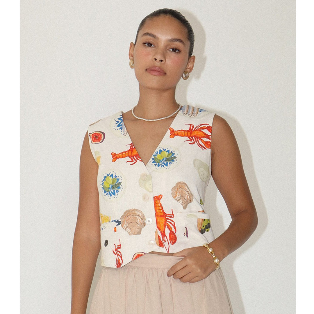 Bon Appétit Cotton Vest in Cream Multi