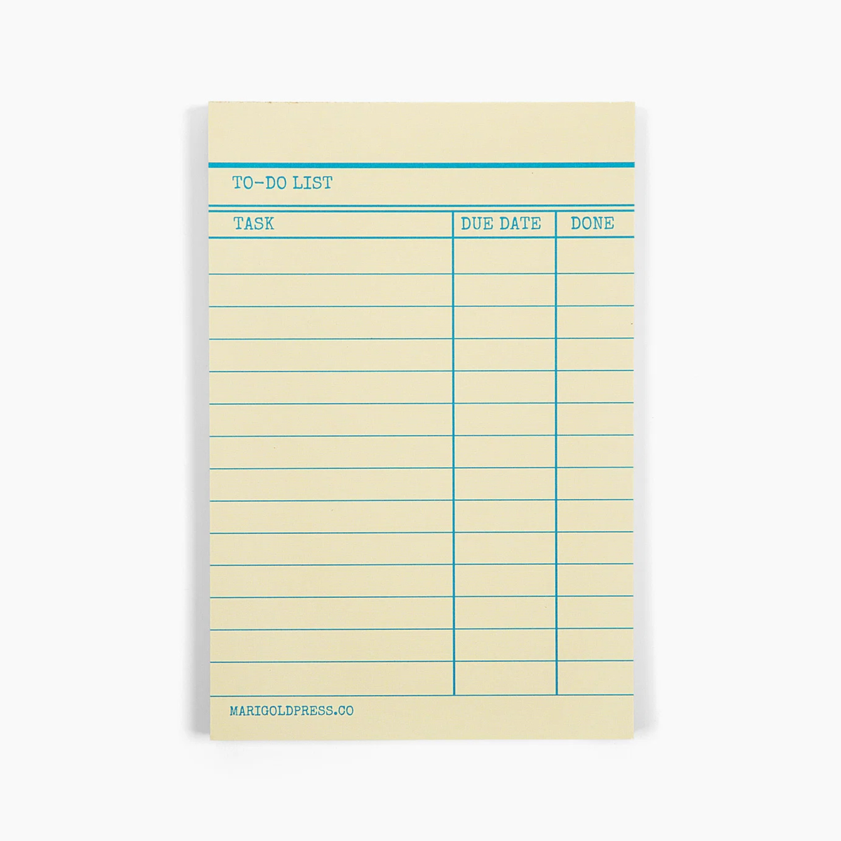 A single lined to-do list notepad with a cream-colored paper background and teal blue printed lines and text, shown on a clean white background.