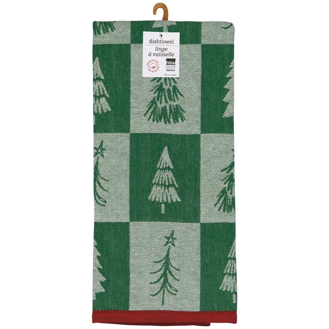 Green and gray checkered towel with tree pattern on a white background