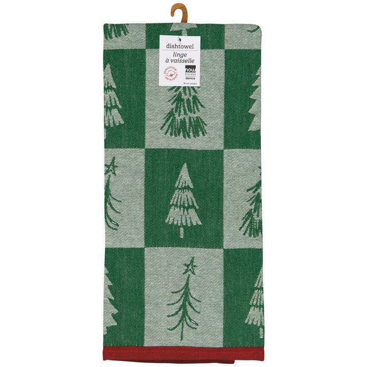 Green and gray checkered towel with tree pattern on a white background