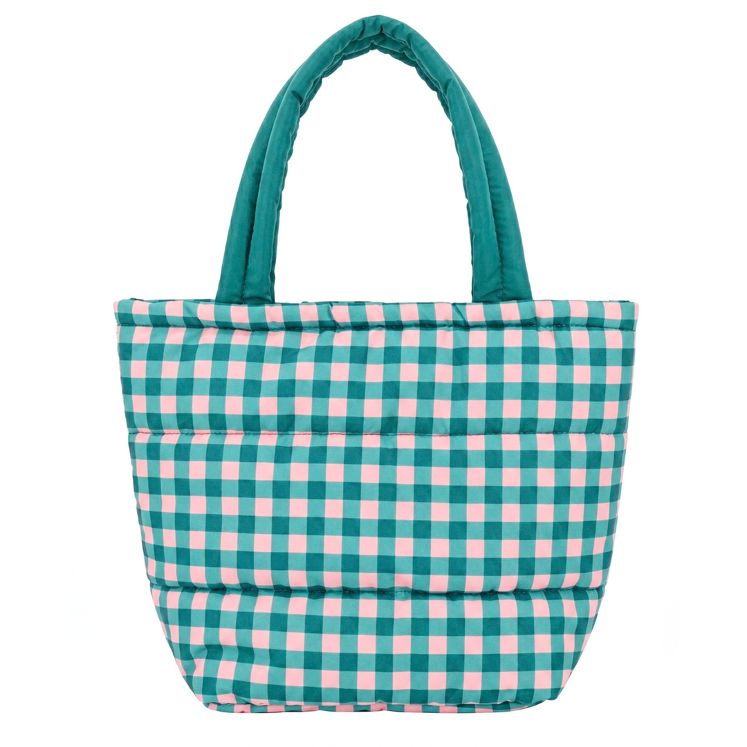 A quilted puffer tote bag featuring a green and pink gingham checkered pattern, with solid green padded handles, shown against a plain white background.