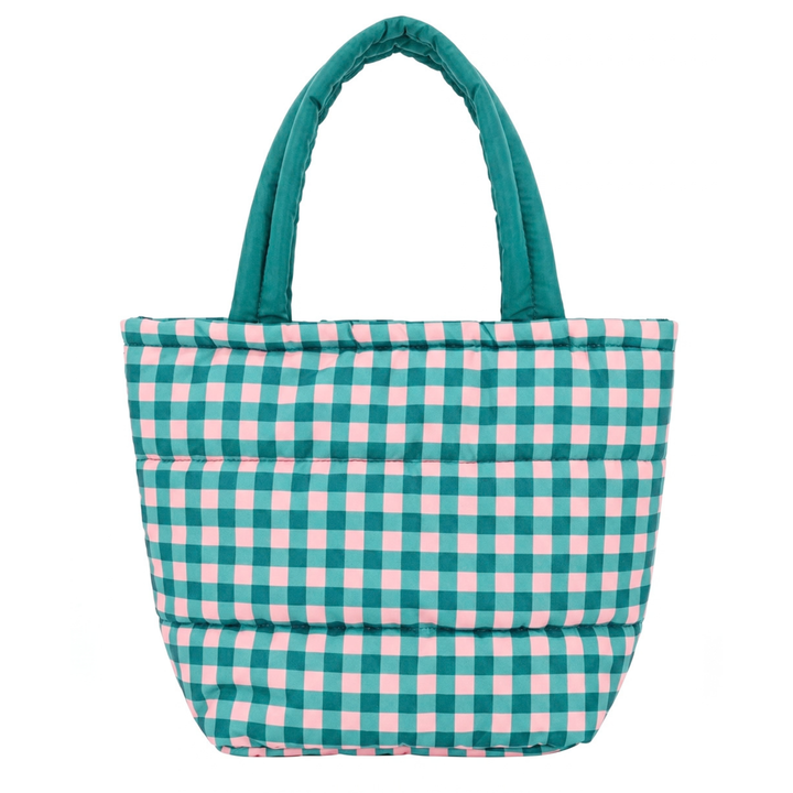 A quilted puffer tote bag featuring a green and pink gingham checkered pattern, with solid green padded handles, shown against a plain white background.