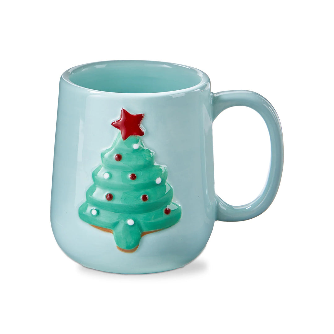 Light blue mug with a Christmas tree design on a white background