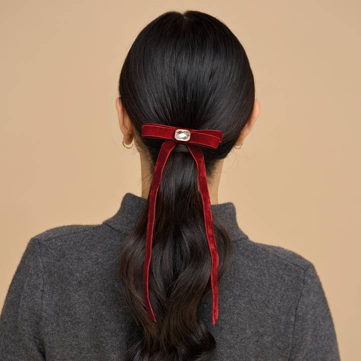 Holiday Velvet &amp; Gemstone Bow Hair Clip