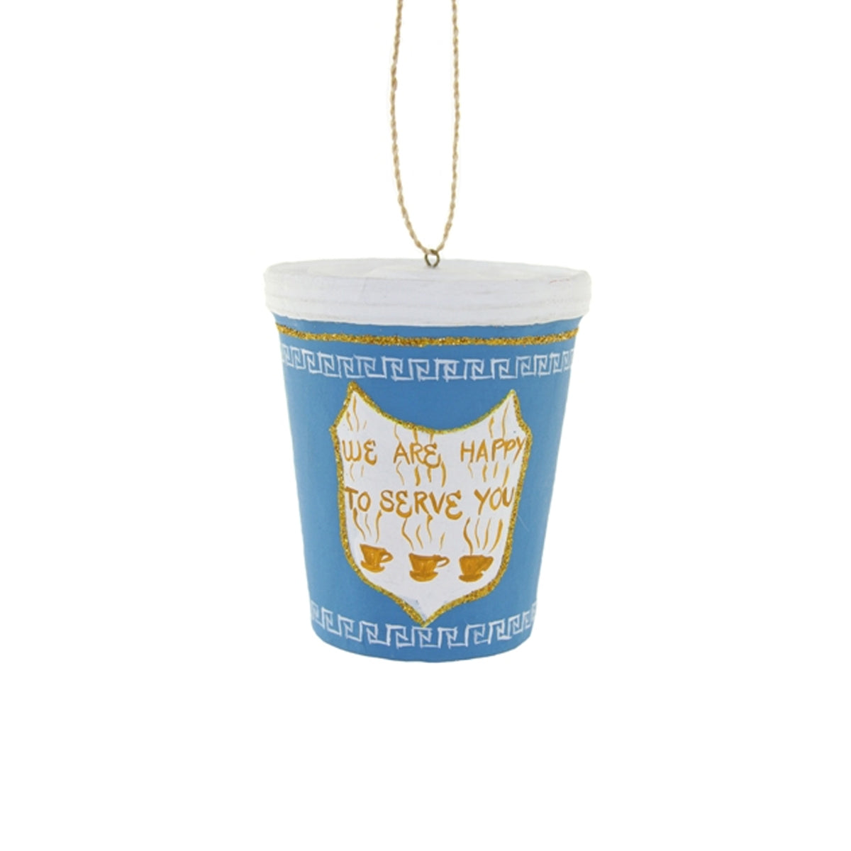 Decorative cup ornament with 'We are happy to serve you' text on a white background