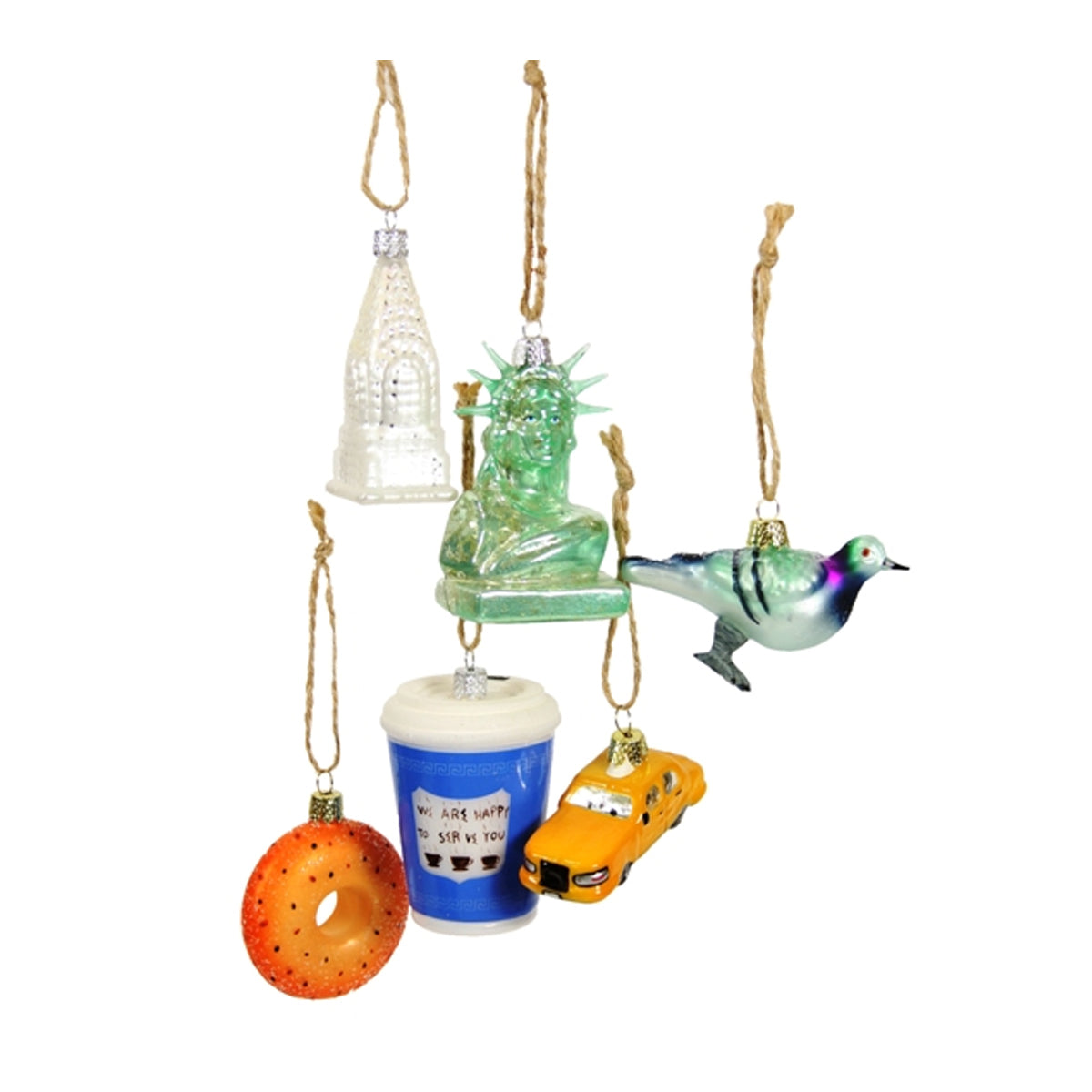 Set of colorful Christmas ornaments including a cactus, cup with donut, pigeon, and taxi on a white background.