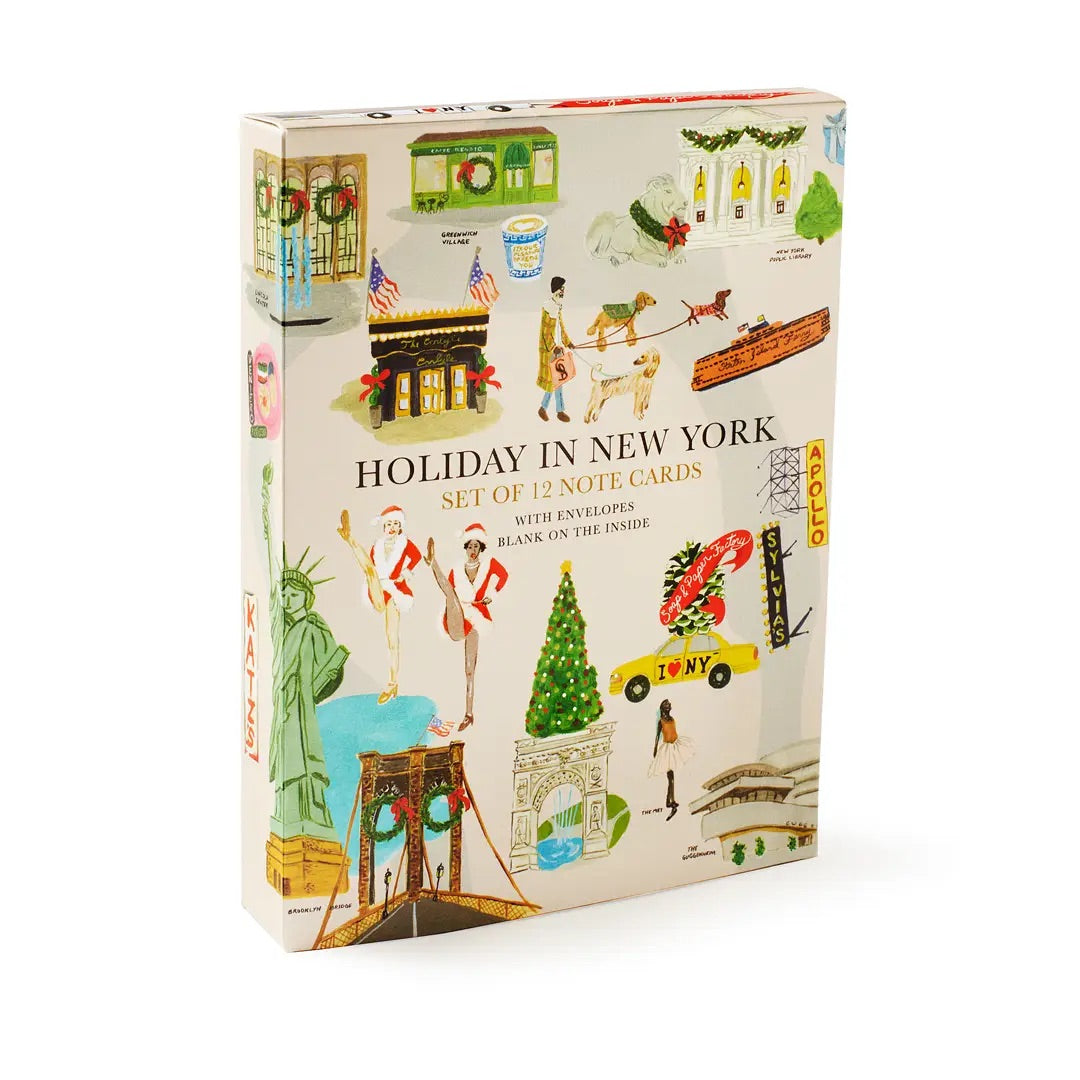 Box of 'Holiday in New York' note cards with illustrations on a white background