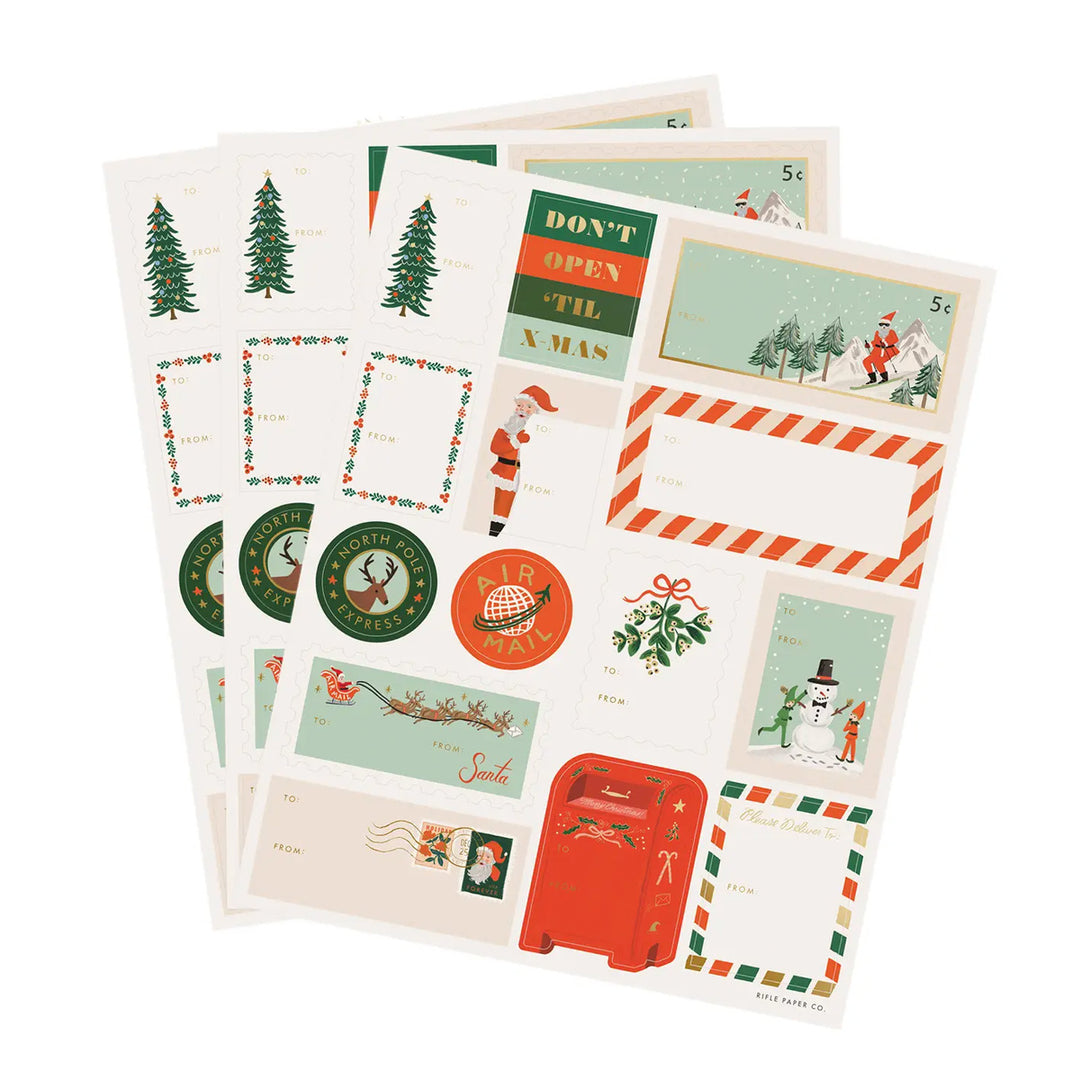 Collection of Christmas-themed stickers with Santa Claus, trees, and other festive designs on a white background.