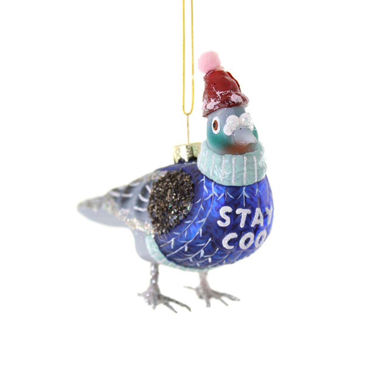 Decorative pigeon ornament with a red hat and 'Stay Cool' text on a white background