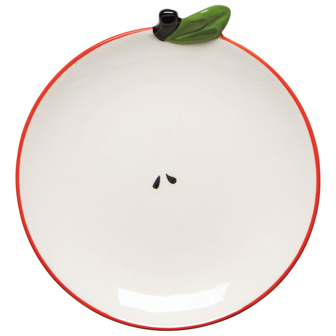 White plate with red rim and green stem resembling an apple on a white background