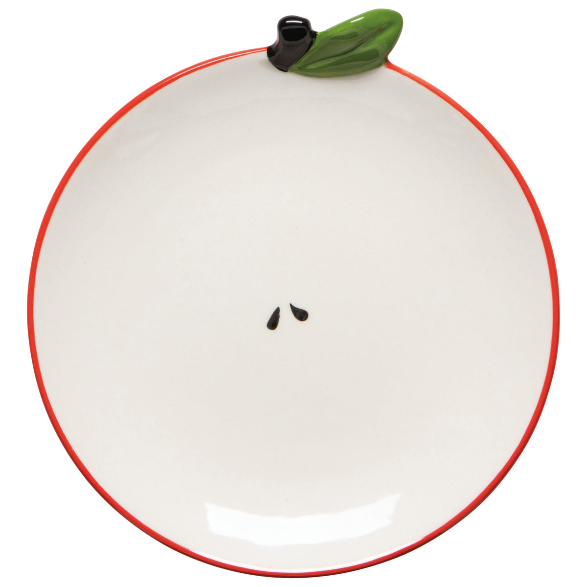 White plate with red rim and green stem resembling an apple on a white background