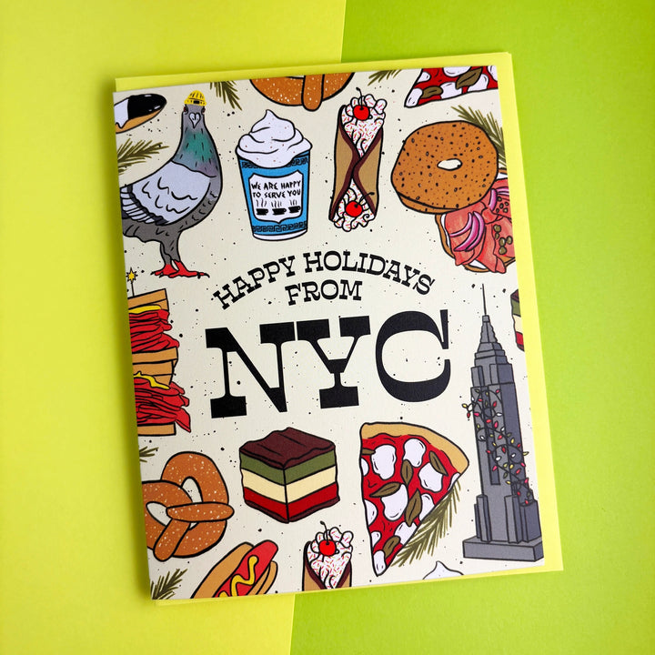 Greeting card with New York City-themed illustrations on a yellow background