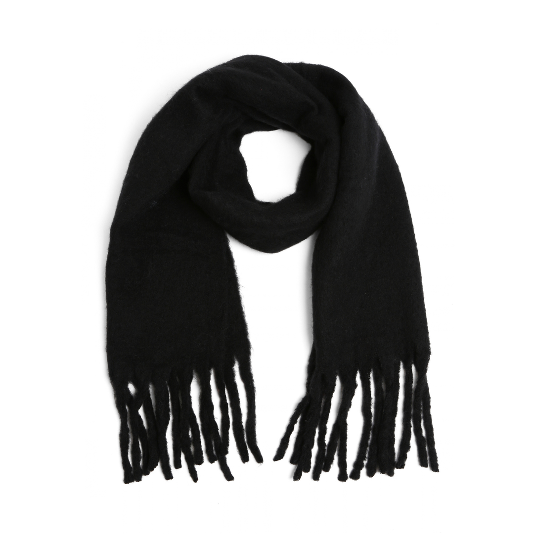 A black knit scarf with fringed ends, arranged in a loop on a plain white background.