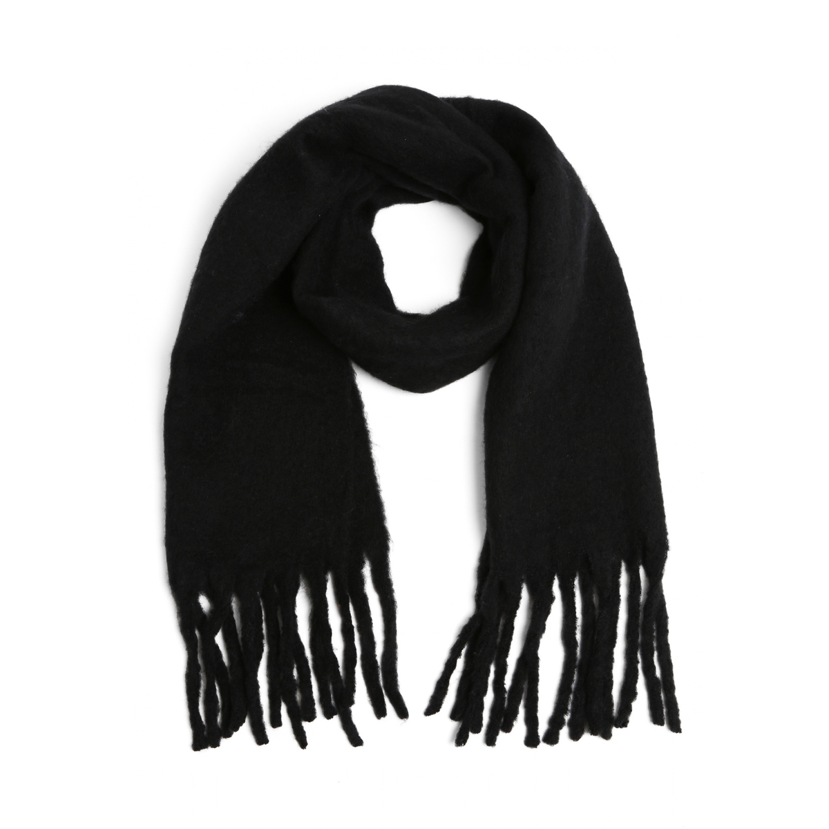 A black knit scarf with fringed ends, arranged in a loop on a plain white background.