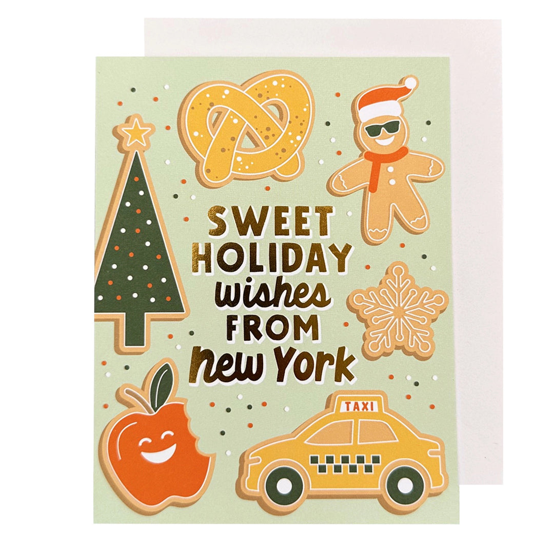 Greeting card with holiday-themed illustrations and text on a light green background