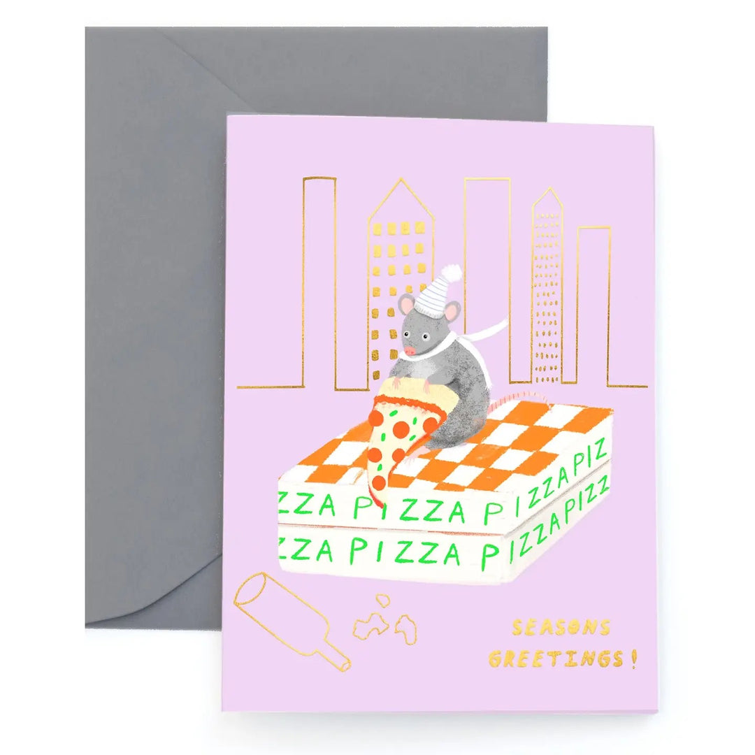 Greeting card with a rat on a pizza box and &