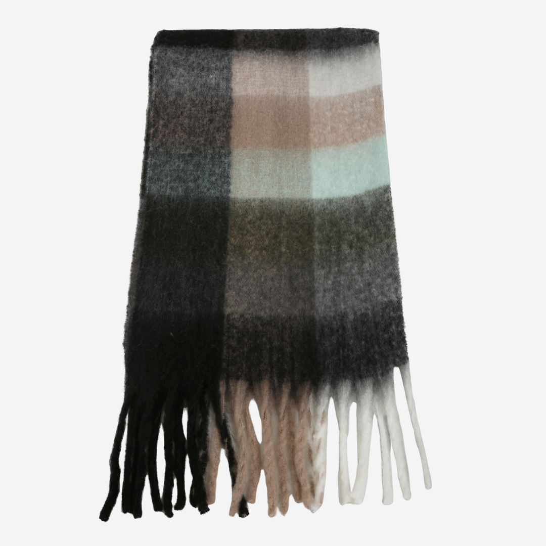 A soft striped scarf with fringe, featuring horizontal bands of black, charcoal gray, taupe, beige, pale mint, and white on a light gray background.