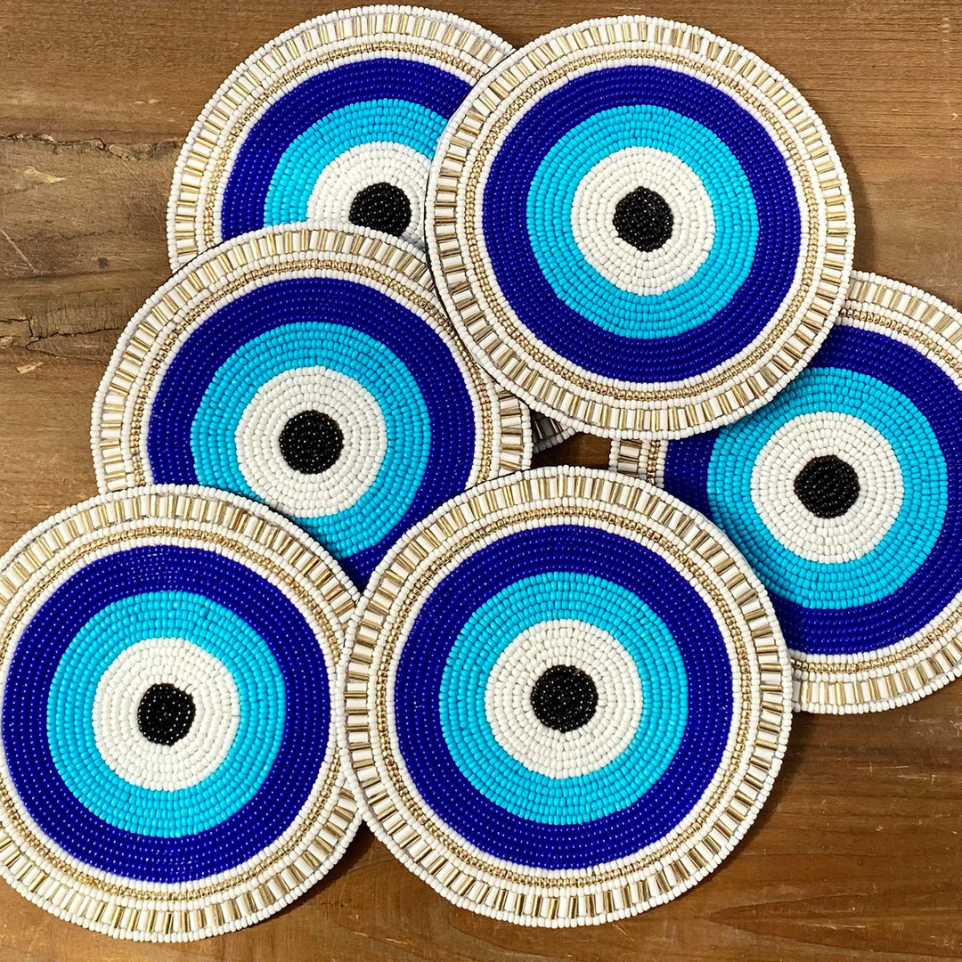 Evil Eye Beaded Coaster- Blue