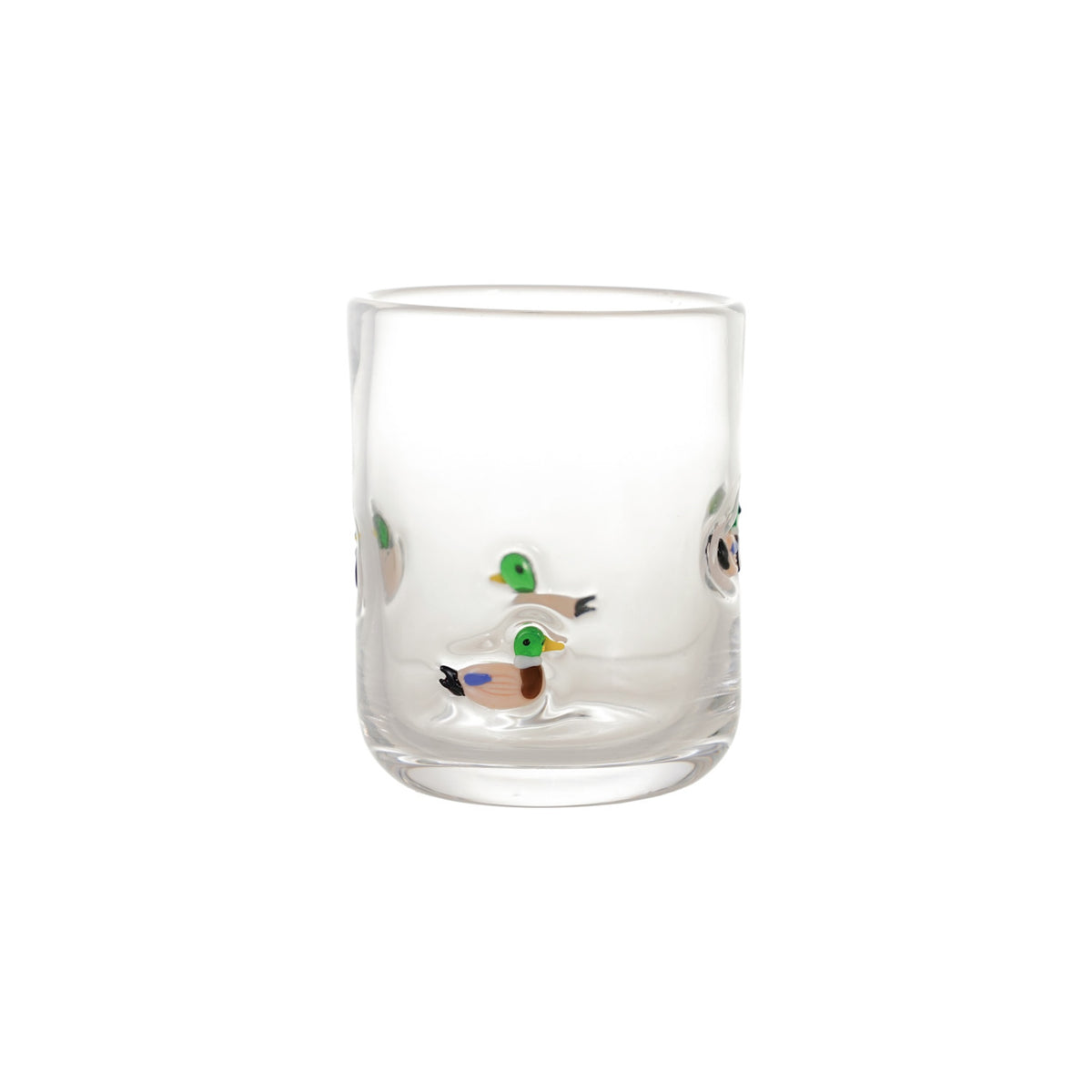 A clear glass tumbler featuring hand-painted mallard ducks near the base, set against a plain white background.