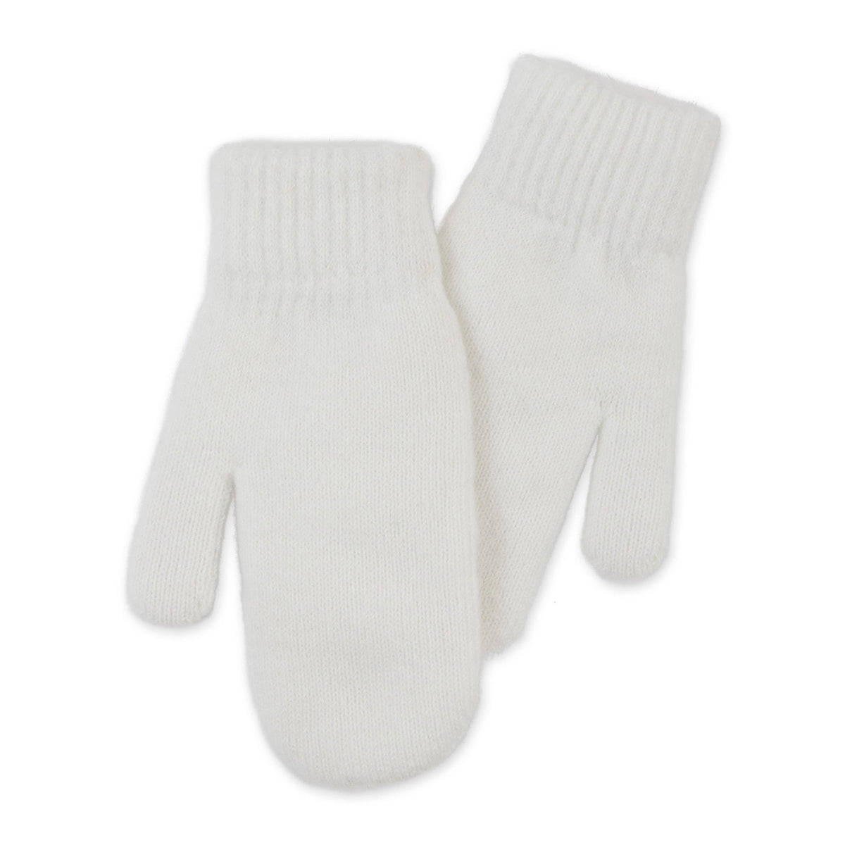 A pair of white knit mittens with ribbed cuffs, displayed against a plain white background.