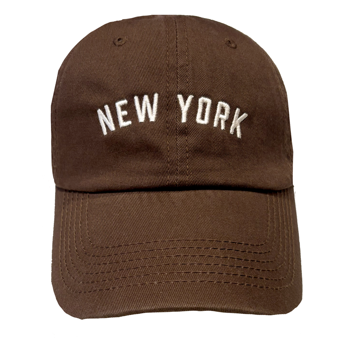 A dark brown hat with white embroidered lettering that reads "New York."