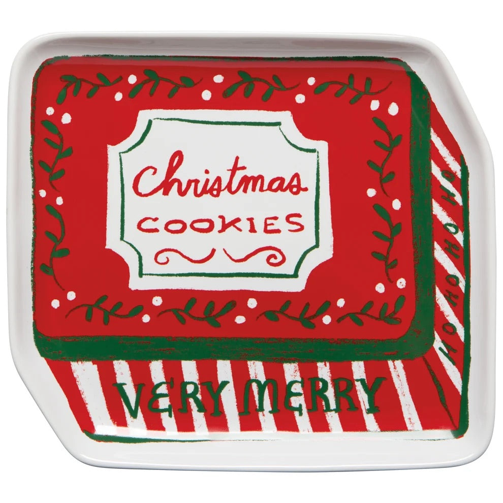 Christmas-themed cookie tin with red and white design and 'Christmas Cookies Very Merry' text.