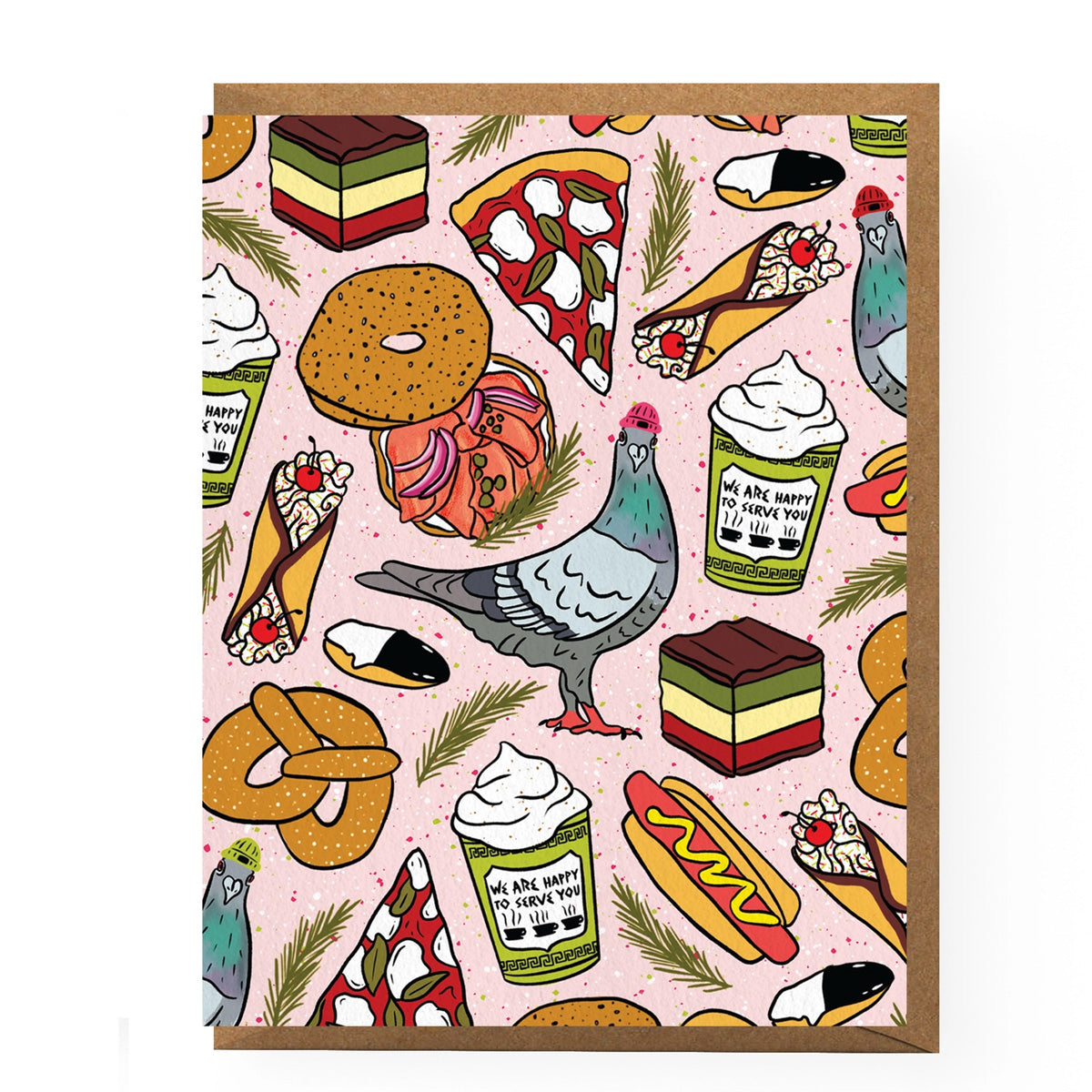 Greeting card with food illustrations on a pink background