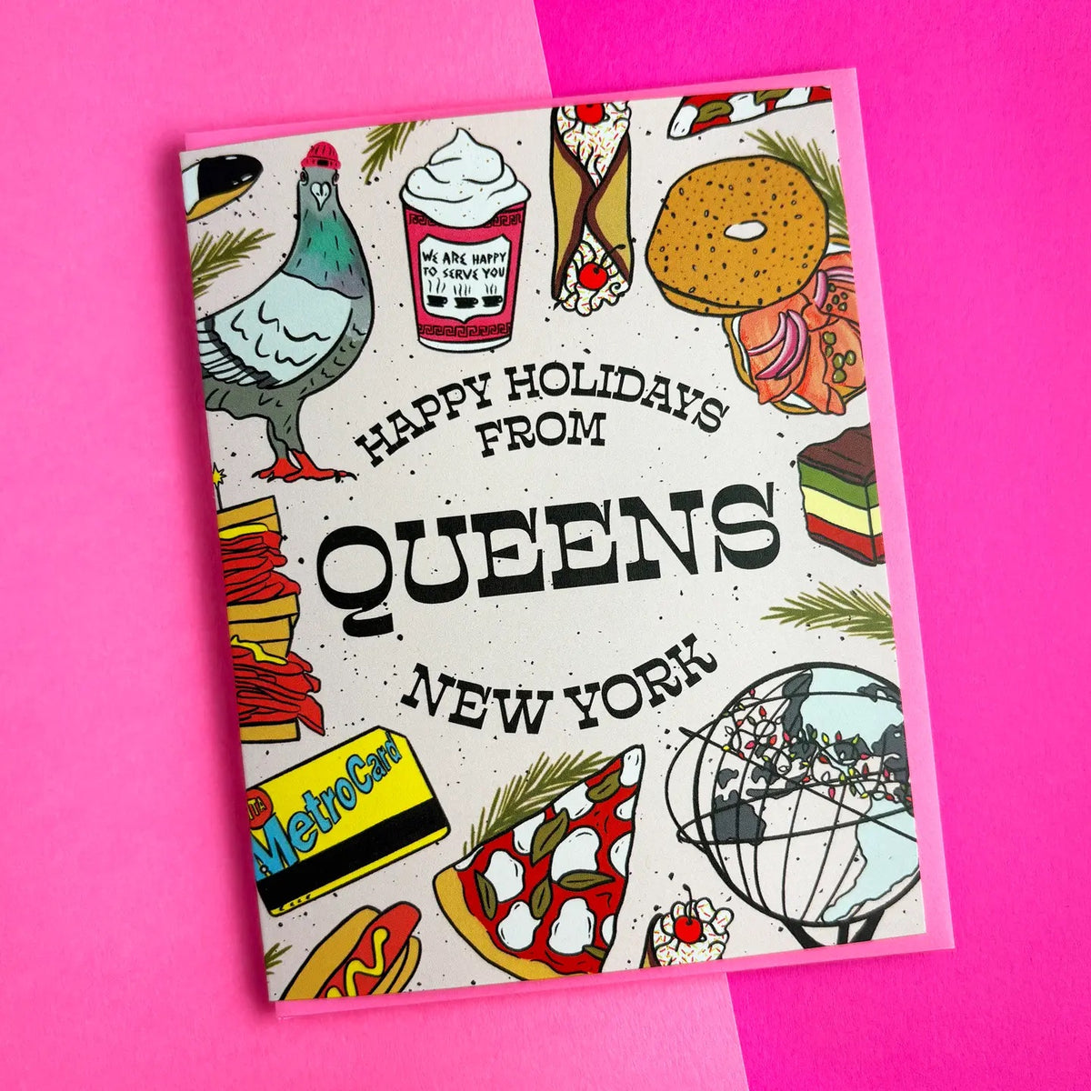 Greeting card with 'Happy Holidays from Queens, New York' text and various illustrations on a pink background