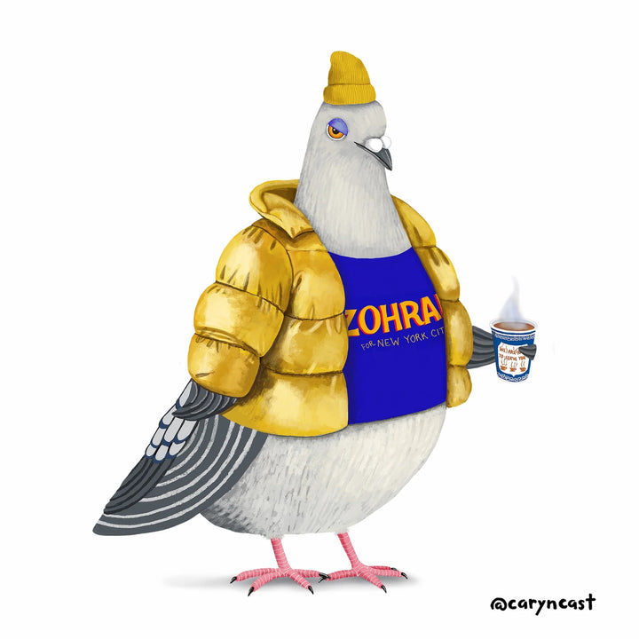 A stylized illustration of a pigeon wearing a shiny gold puffer jacket, a blue shirt with &