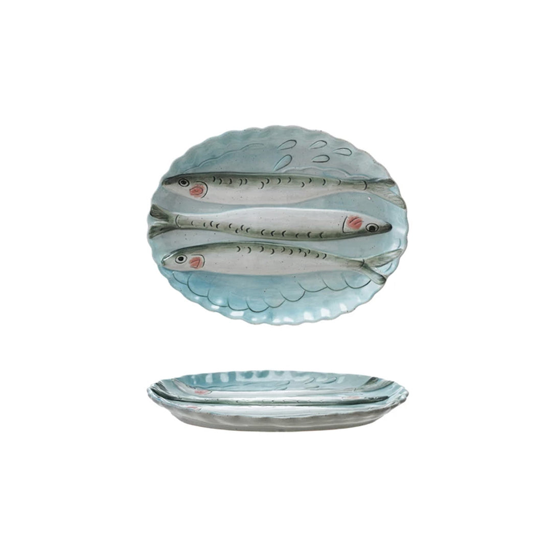 Oval Stoneware Scalloped Plate with 3D Fish Image